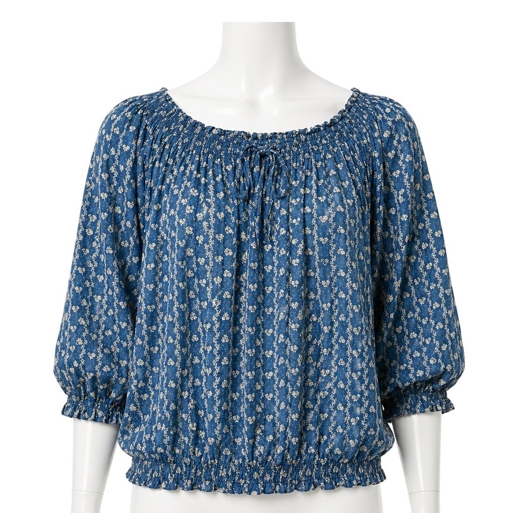 Lauren Ralph Lauren Blue Floral Smocked Peasant Blouse Top Women's 2X